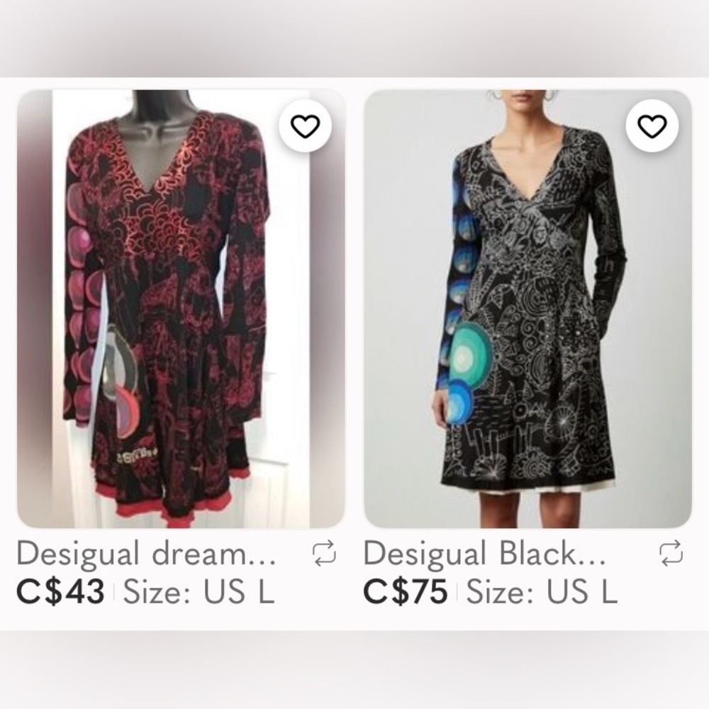 Desigual Black and Red Artistic Long Sleeve Dress Fit & Flare Midi V-Neck Med - Picture 17 of 17